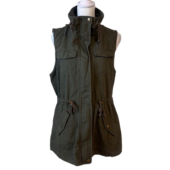 Sebby Army Green Utility Cargo Vest Size Medium Zip Up W/ Drawstring Waist‎ - Picture 2 of 7